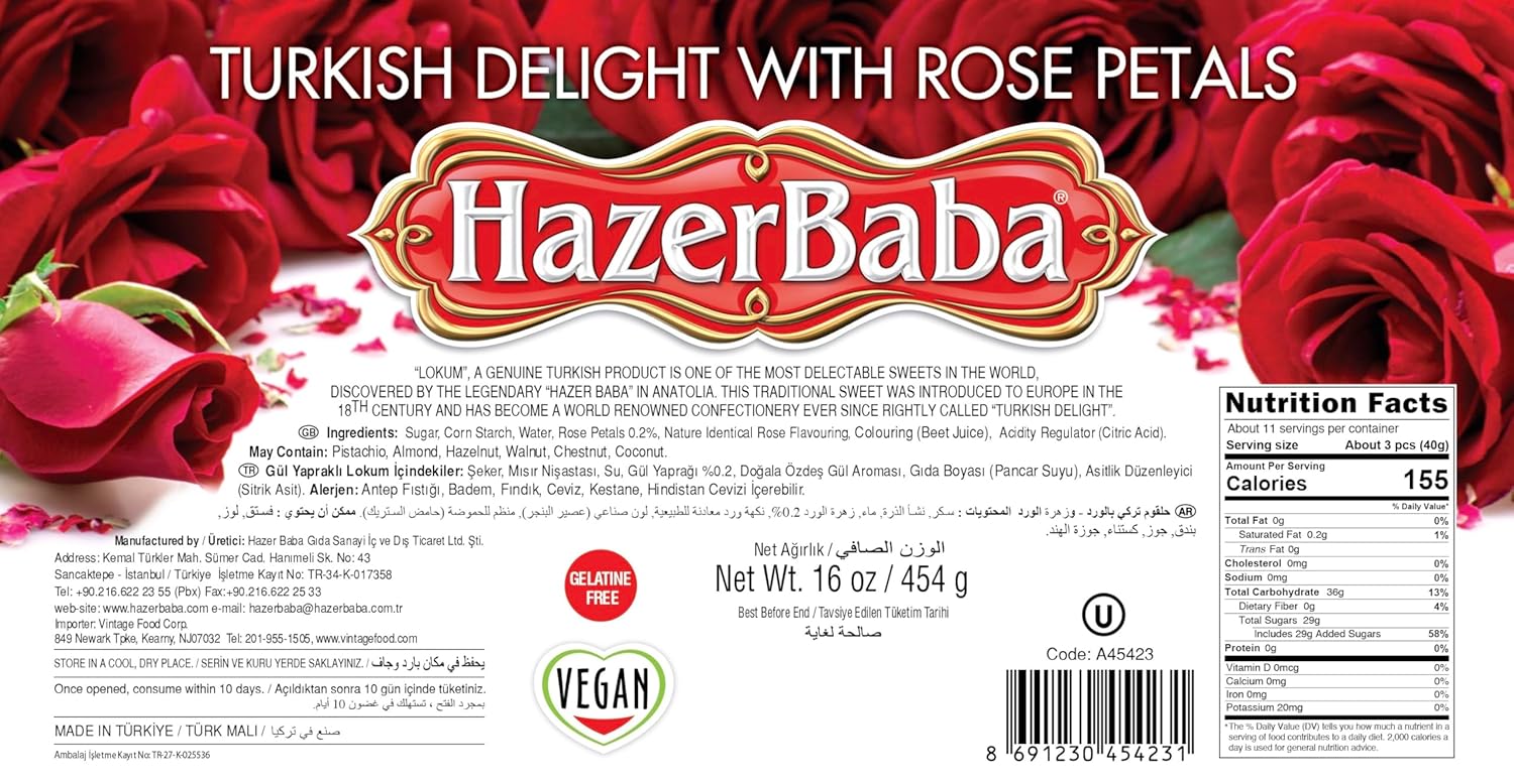 Hazerbaba With Rose Petals Turkish delight 16oz (454g) Box