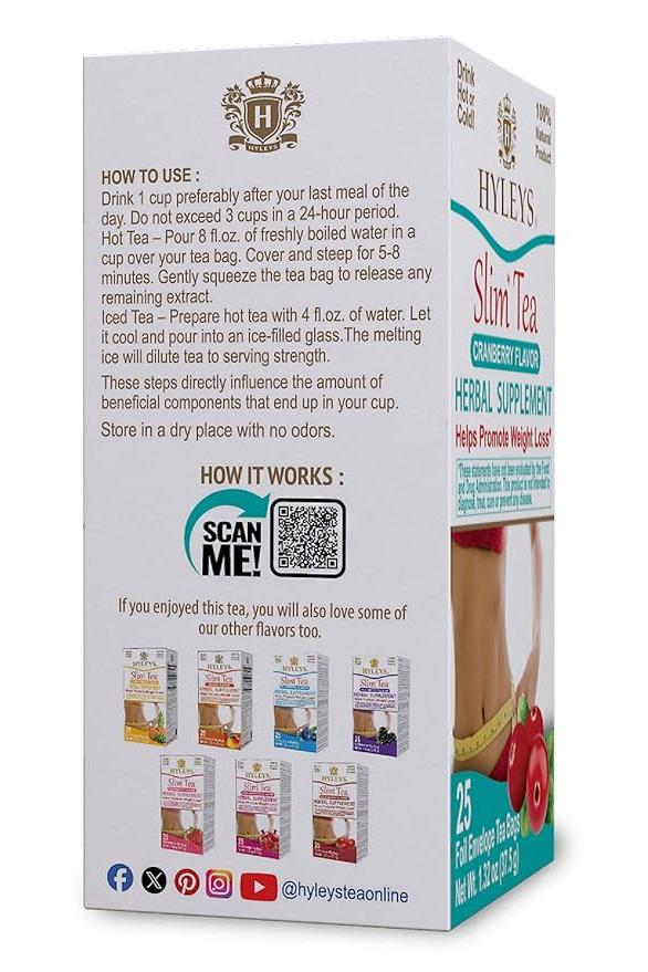 Hyleys Slim Tea Cranberry Flavor - Weight Loss Herbal Supplement Cleanse and Detox - 25 Tea Bags (1 Pack) - TULUMBA